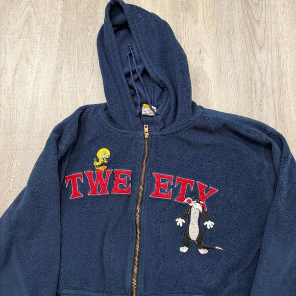 Vintage Looney Tunes Tweety Bird Sylvester Full Zip Hoodie Large Blue Fleece 90s - Picture 2 of 7